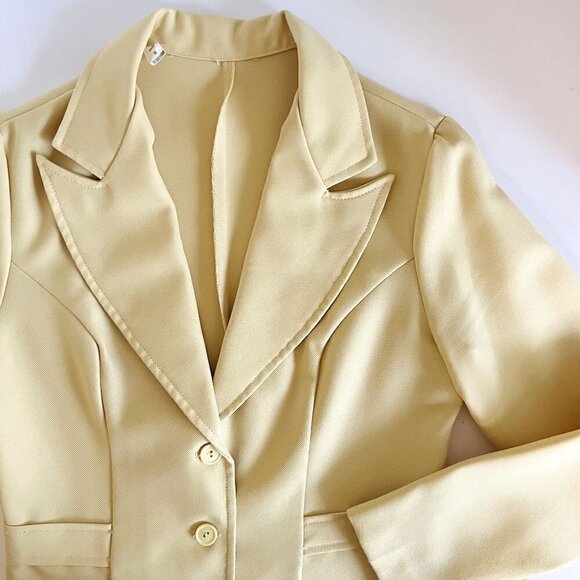 Vintage 70s Hippie Retro Pale Yellow Fitted Button Front Blazer & Midi Skirt Set - Picture 2 of 11
